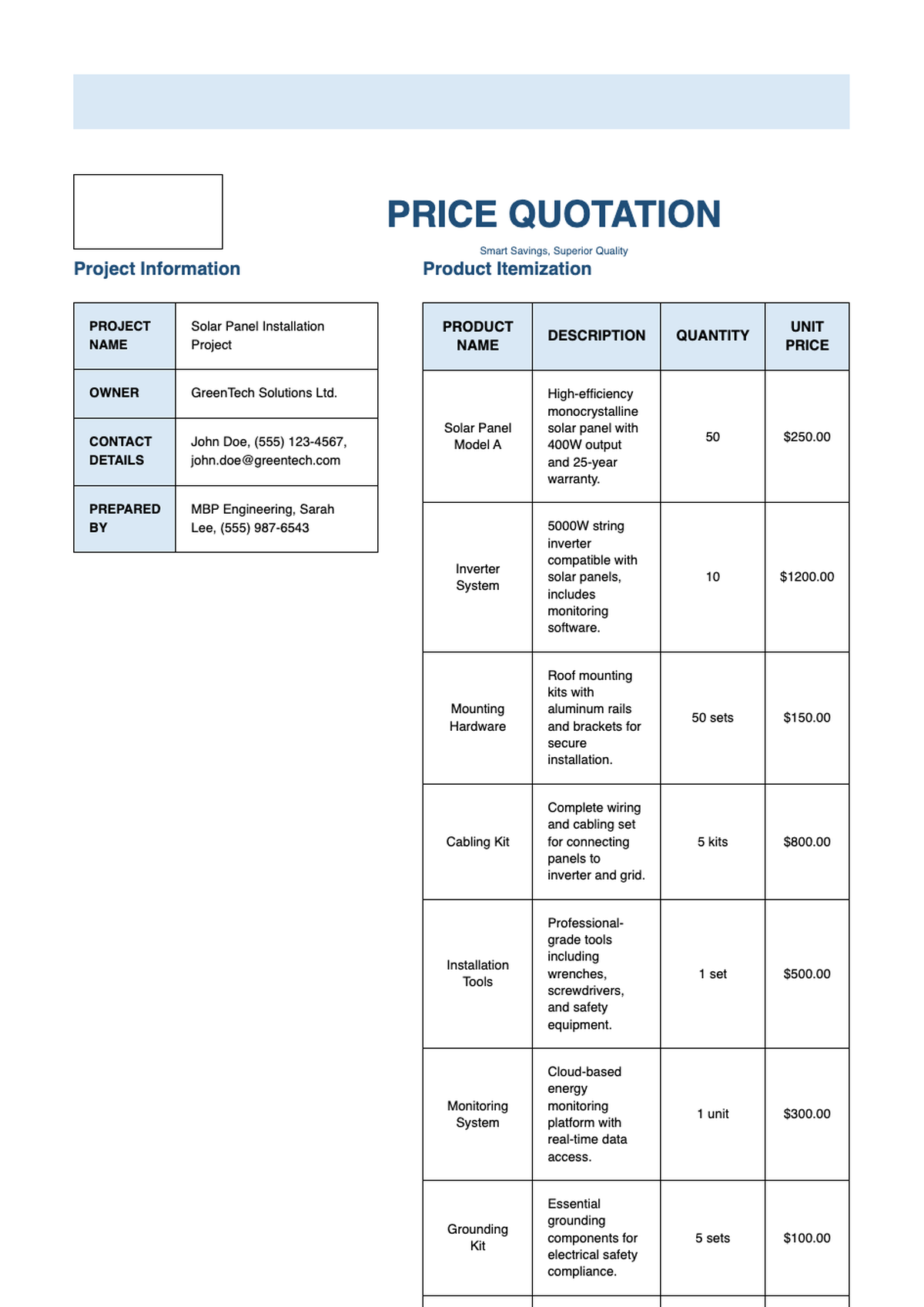 MBP price quotation template with project details and approval section_variant_2